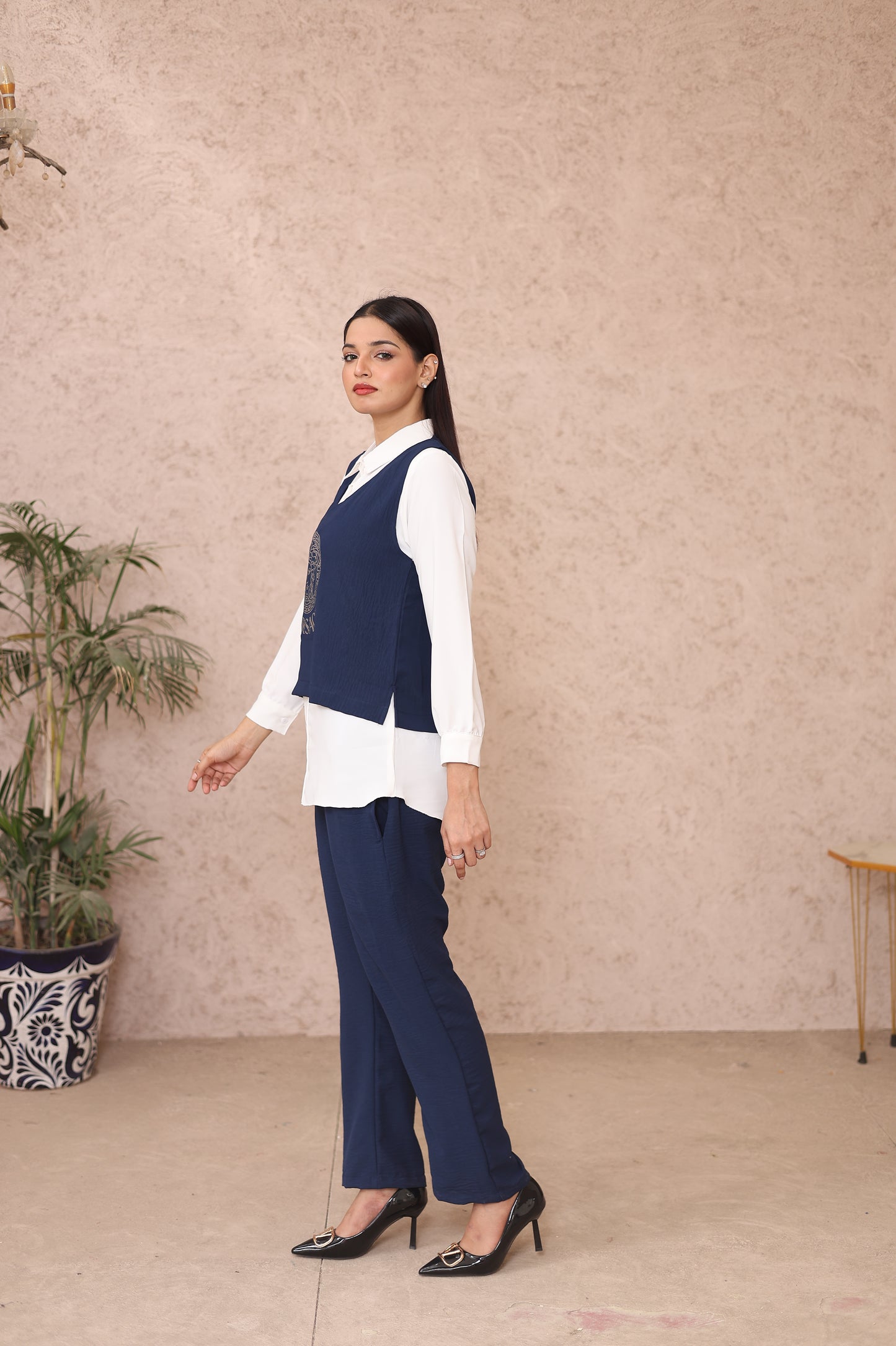 Navy-White Vest Triple Suit Set