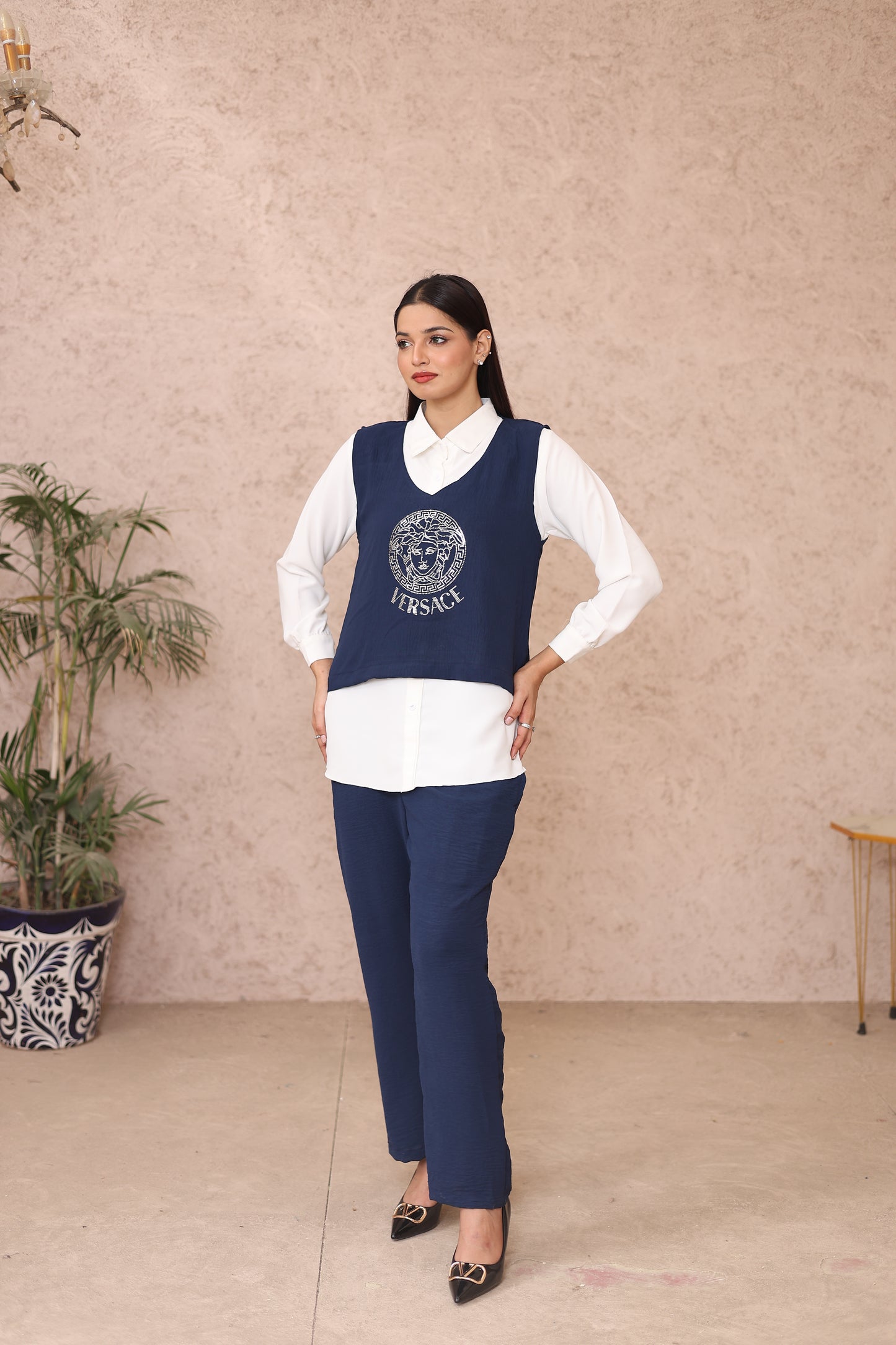 Navy-White Vest Triple Suit Set