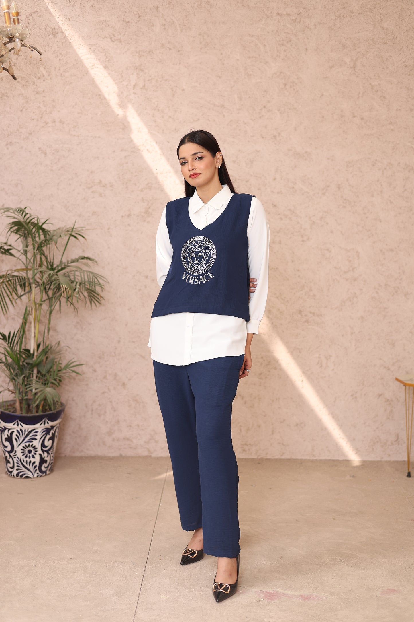 Navy-White Vest Triple Suit Set