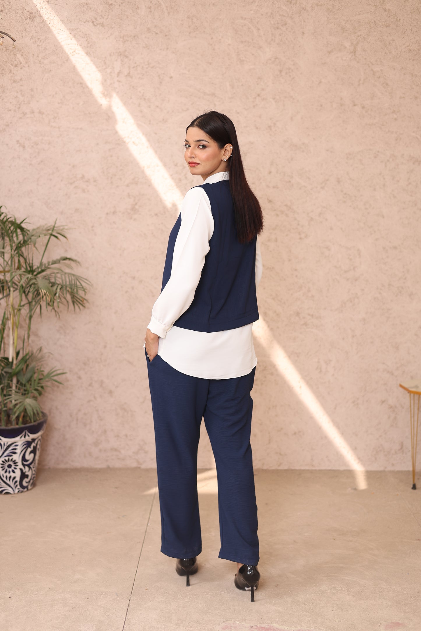 Navy-White Vest Triple Suit Set
