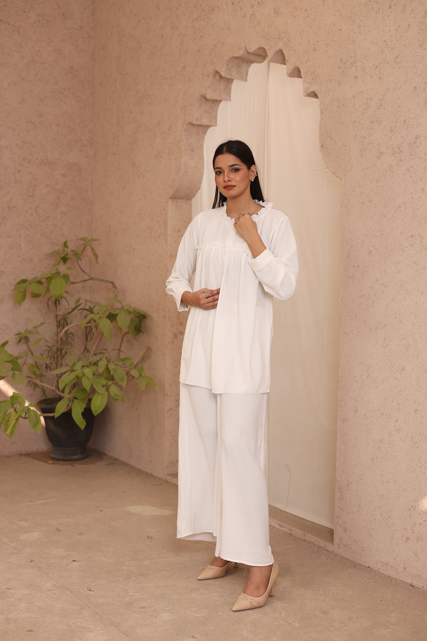 White Elegance 2-Piece Modest Ruffled Shirt Set