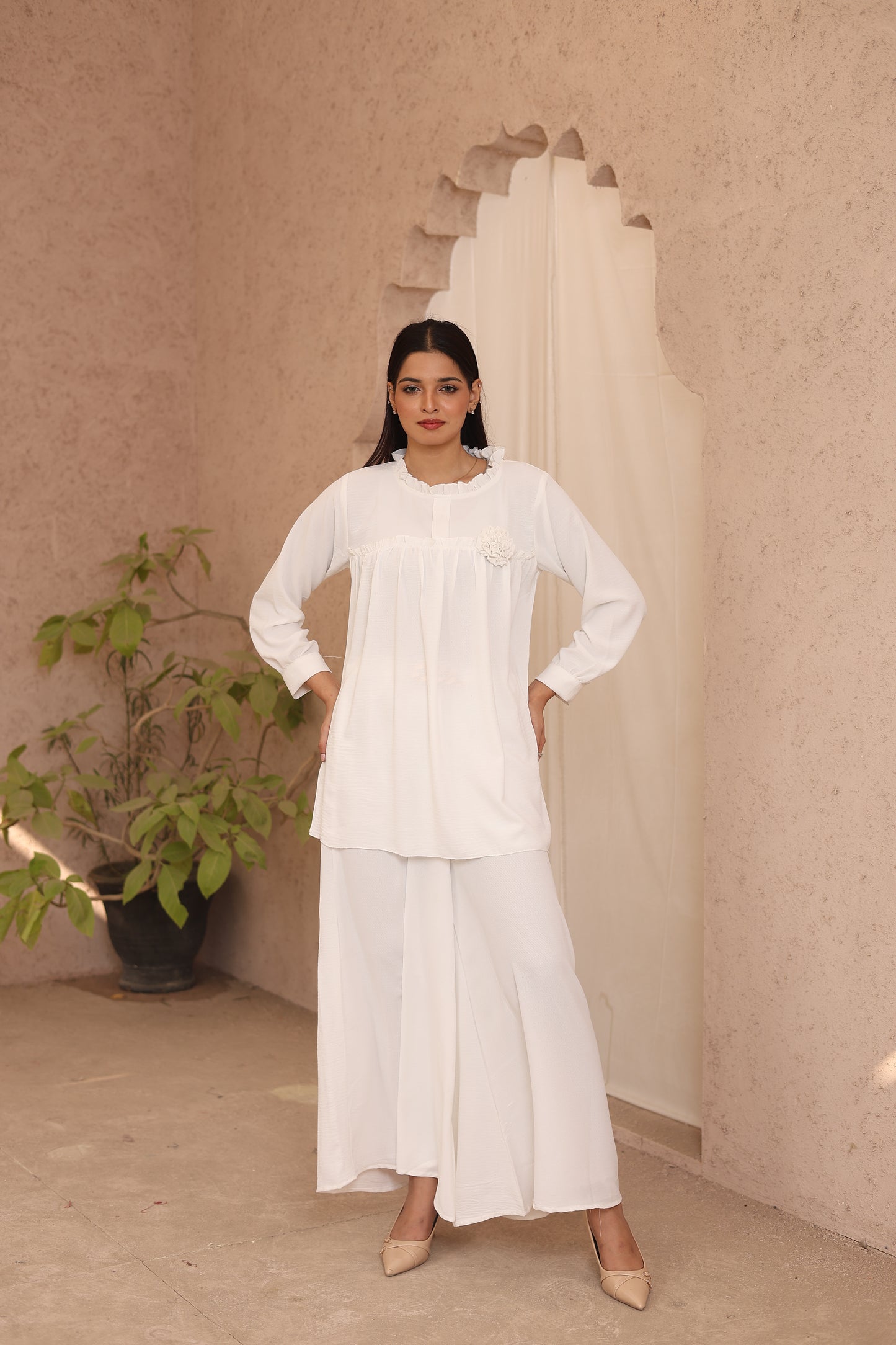 White Elegance 2-Piece Modest Ruffled Shirt Set