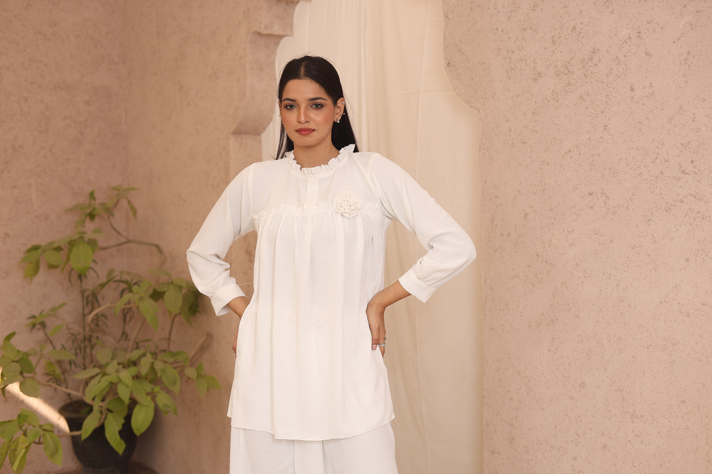 White Elegance 2-Piece Modest Ruffled Shirt Set