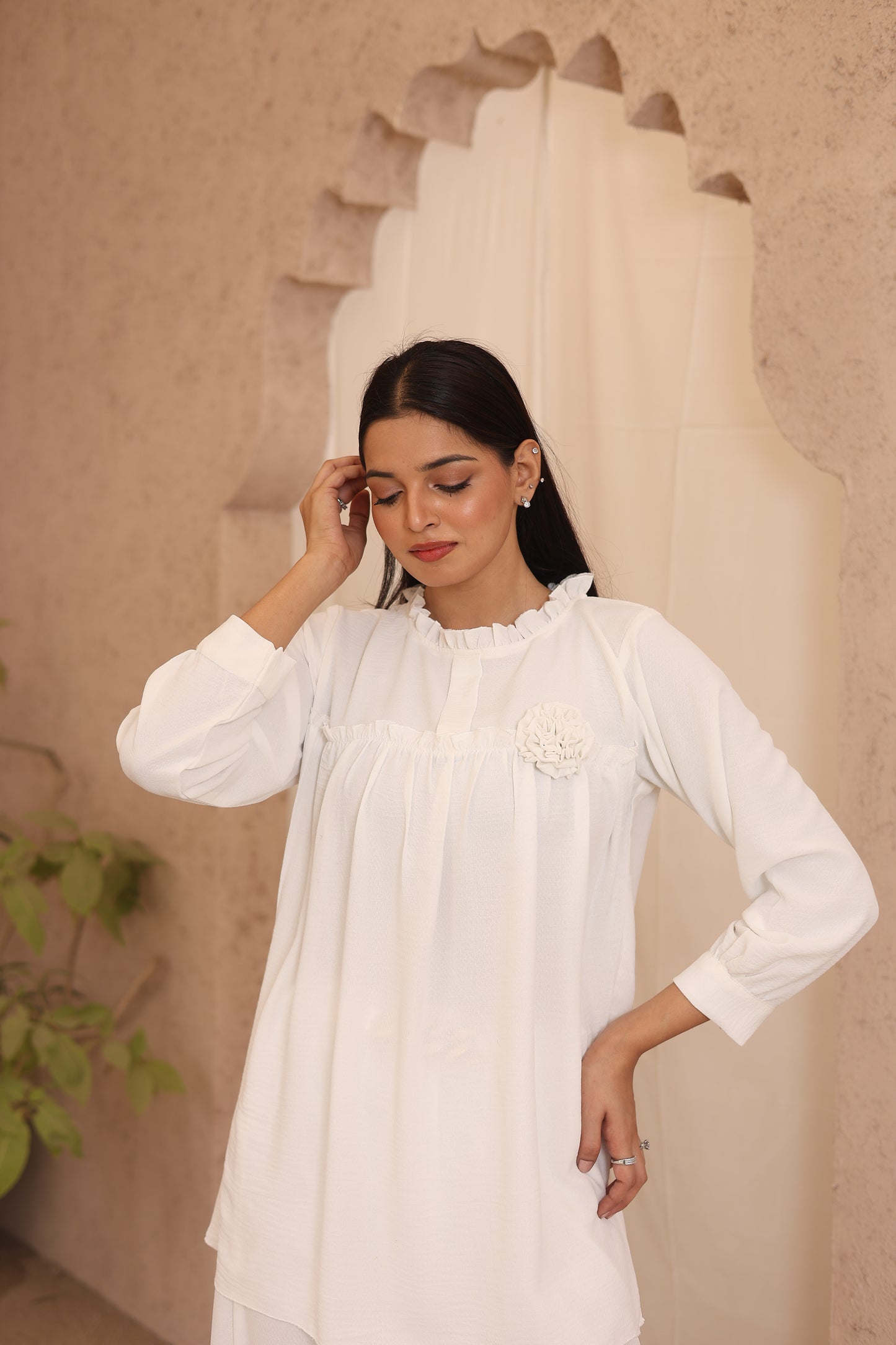 White Elegance 2-Piece Modest Ruffled Shirt Set