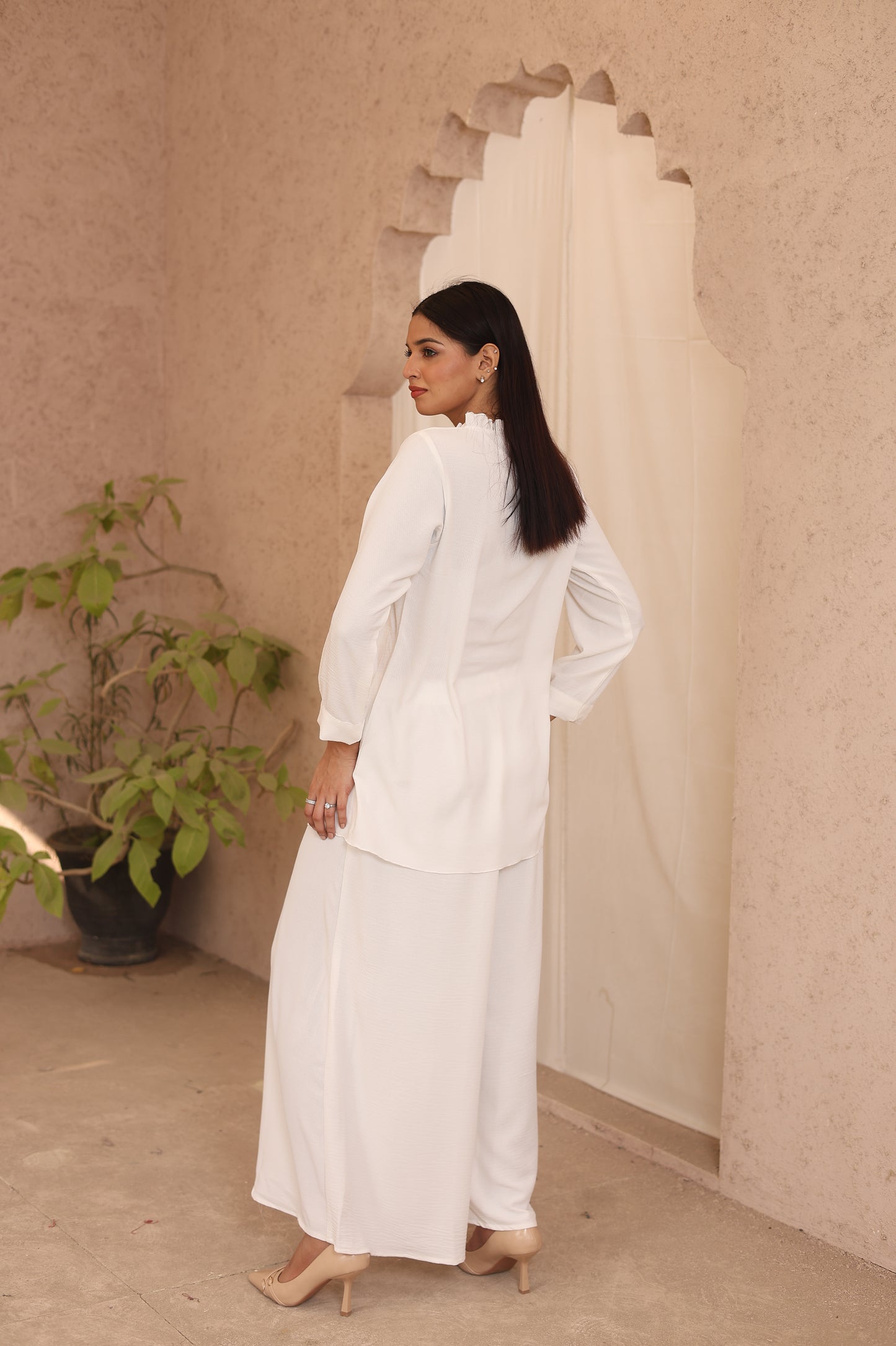 White Elegance 2-Piece Modest Ruffled Shirt Set