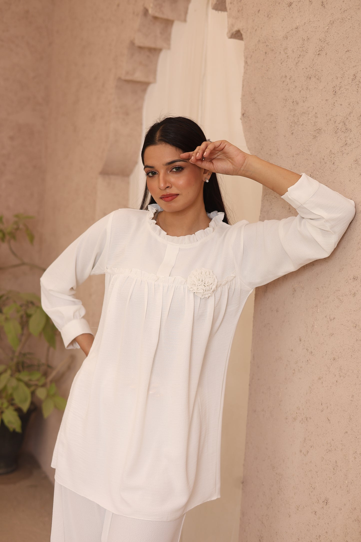 White Elegance 2-Piece Modest Ruffled Shirt Set